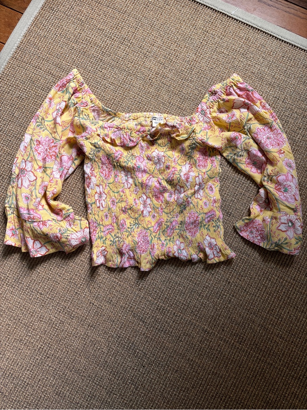 Billabong Women’s Yellow and Pink Floral Off-Shoulder Smocked Top Medium
